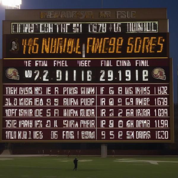 fsu football scoreboard showing final score at night