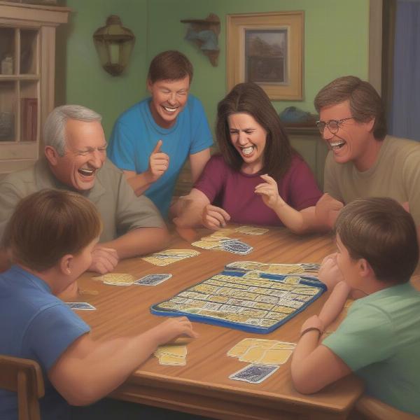 a family laughing around a table with playing Wits & Wagers board game