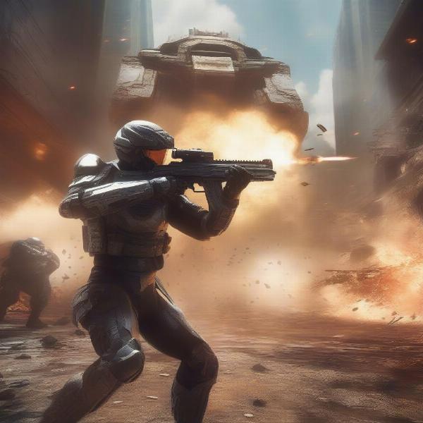 futuristic war scene with hi-tech soldier