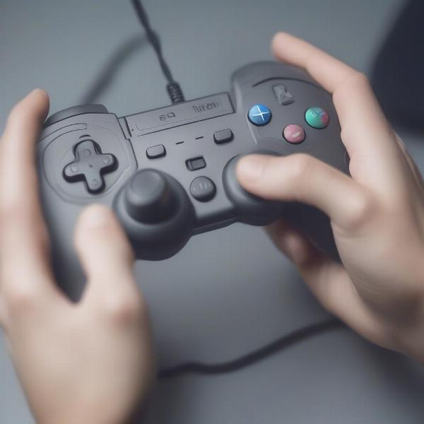 close-up hands holding game controller playing action game