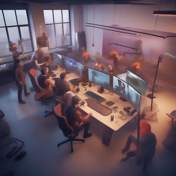 Game developers collaborating on a project