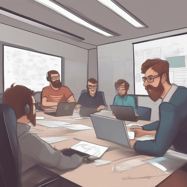 game development team in meeting