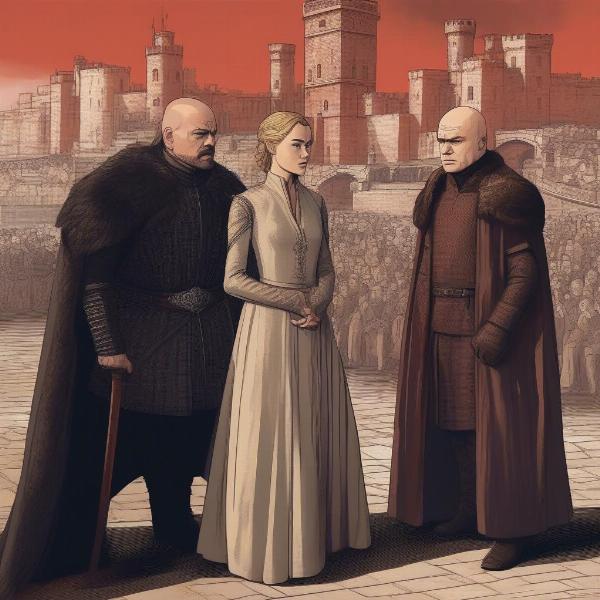 characters of game of thrones in kings landing discussing strategy