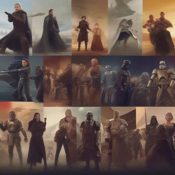a mix of game of thrones and star wars game characters fighting side by side