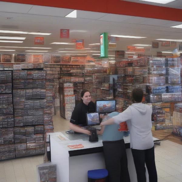 Game Stop trade-in counter with employee
