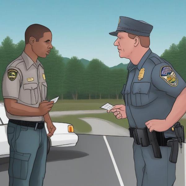 Game warden checking driver license during traffic stop