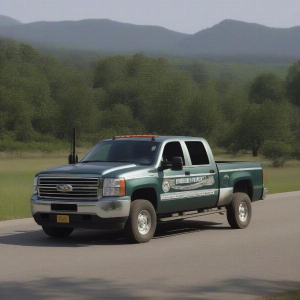 Game warden vehicle on road for wildlife patrol