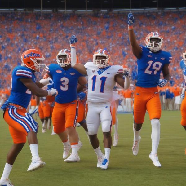 gators football players celebrating win