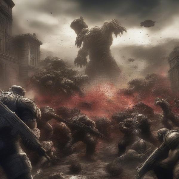 Gears of War E-Day Locust emergence, showing a locust horde erupting from the ground.