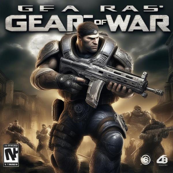 Gears of War Xbox 360 cover art showing a soldier with his lancer