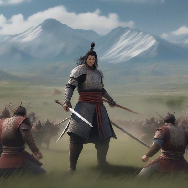 Ghost of Tsushima open world featuring Jin Sakai in a standoff with Mongol warriors in a grassy field with a scenic mountain background