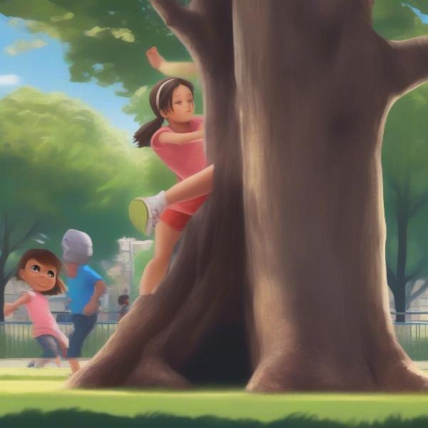 girl hiding behind tree in kick the can