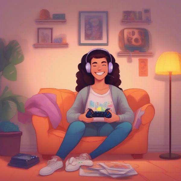 Happy girl playing game during period