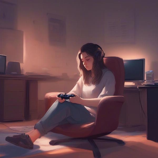 Lonely girl in chair with game screen