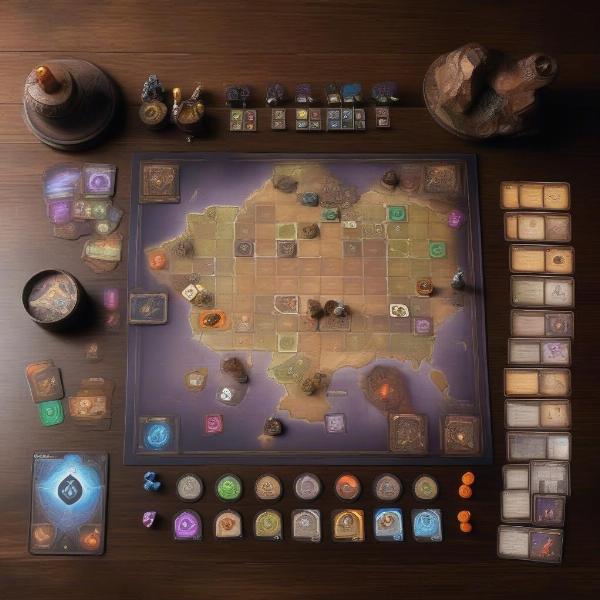 Gloomhaven game setup with multiple cards and characters