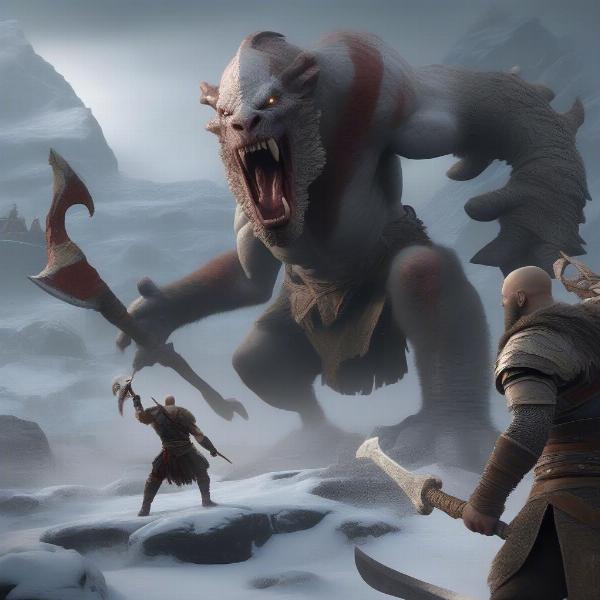 God of War gameplay showcasing Kratos using Leviathan axe in combat with Atreus supporting him in Norse setting