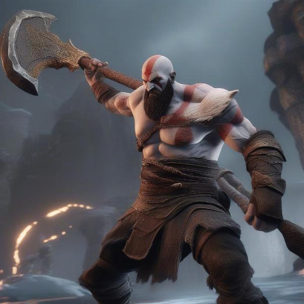 Kratos in Valhalla combat, axe blazing with power, a testament to his progression