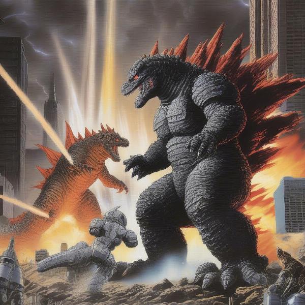 Mechagodzilla and Godzilla engage in fierce battle