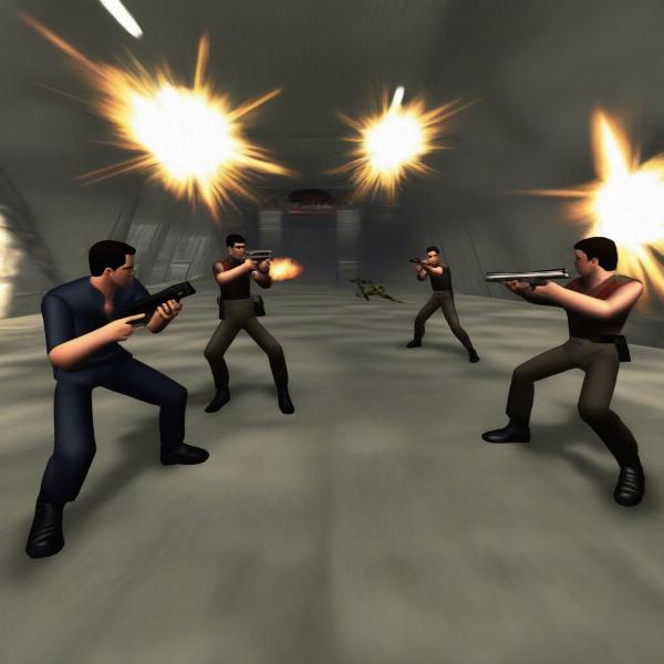 goldeneye 007 n64 multiplayer split screen action showing intense gameplay between four players