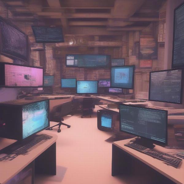 conceptual image showing gta 6 game development, with multiple screens and developers coding behind computers, reflecting the effort required to develop such games