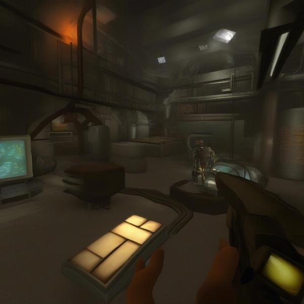 Half-Life gameplay screenshot showing player exploring a laboratory