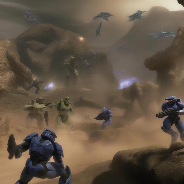 Halo 3 epic battle scene, Master Chief, Covenant, and Flood