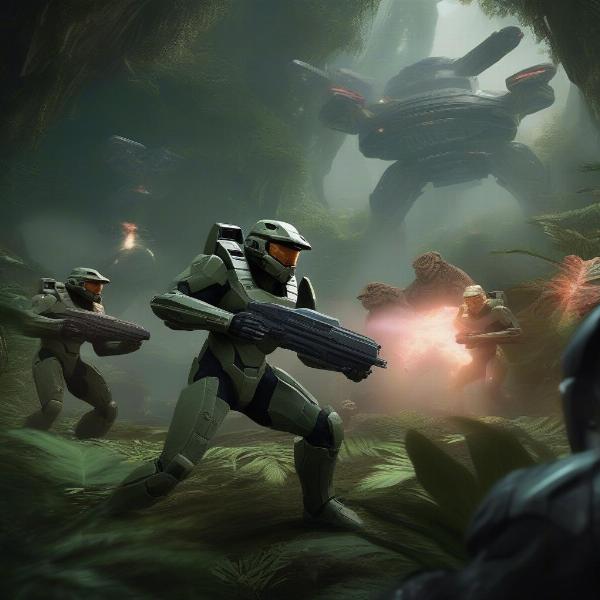 halo combat evolved gameplay xbox, showcasing master chief fighting covenant aliens