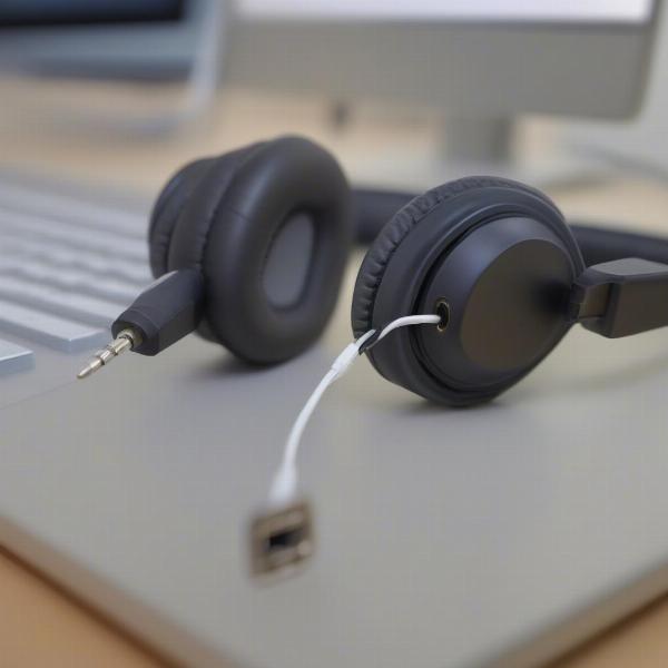 headphones connected to a computer audio jack