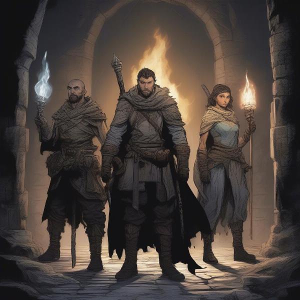 Hero Party exploring a dark dungeon