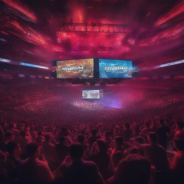Excited crowd watching high stakes gaming tournament