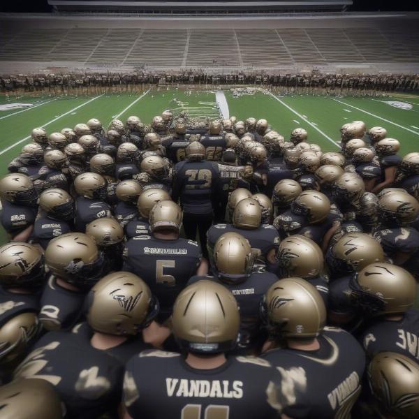 Idaho Vandals team huddling on the field before a football game