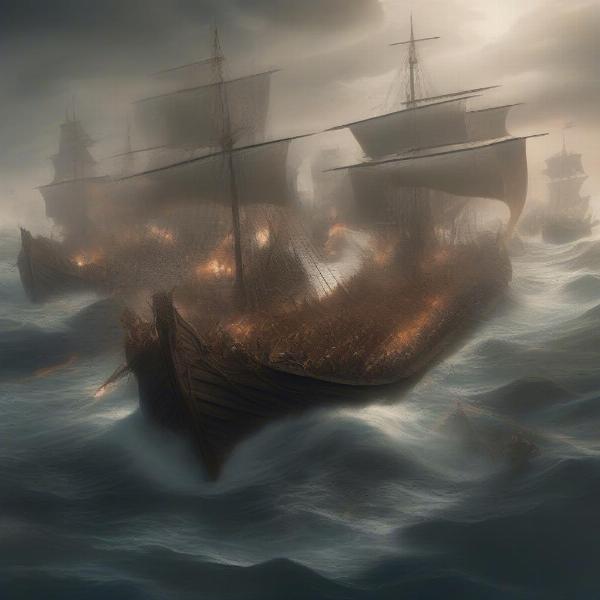 ironborn longships engaged in a fierce sea battle with opposing ships