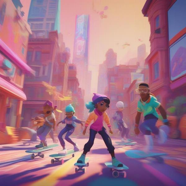 Jet Set Radio Future characters shown during gameplay, skating through a vibrant city