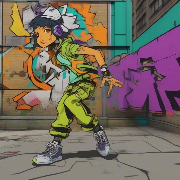 Jet Set Radio Future gameplay screenshot showing graffiti tagging on a wall