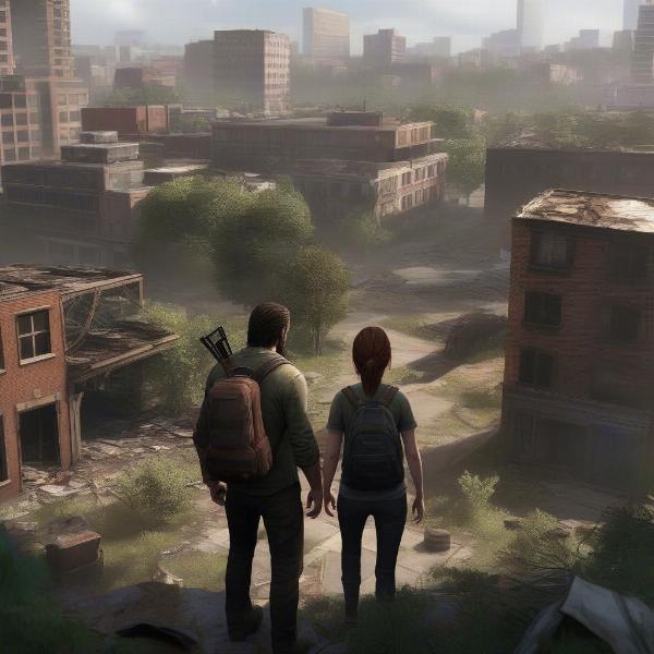 joel and ellie the last of us video game looking in the distance