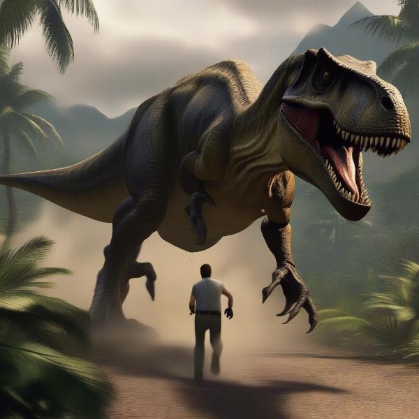 a person running from a t-rex in jurassic park game