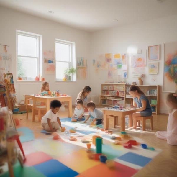 kids drawing and crafting in playroom