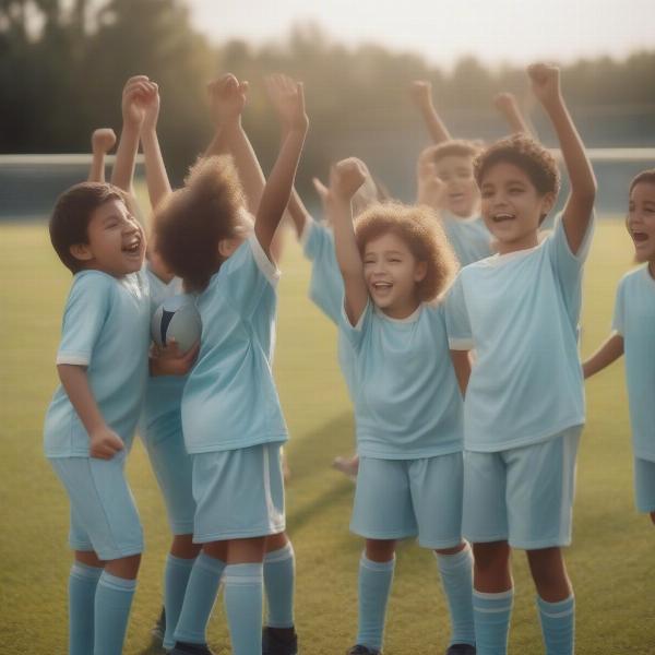 children celebrate football team victory