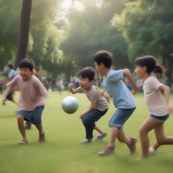 kids playing kick the can in the park
