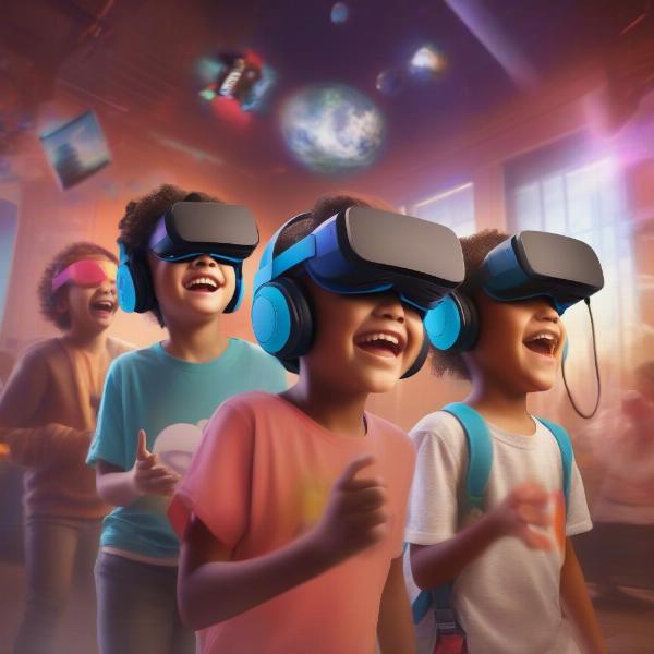 Children enjoying virtual reality with safe headsets