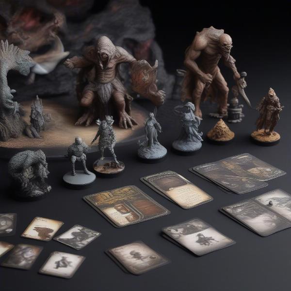 Kingdom Death Monster game components including monster figurines and cards