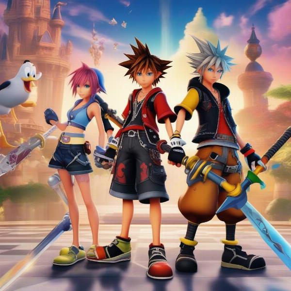 Sora Riku and Kairi in Kingdom Hearts 2 battle scenes