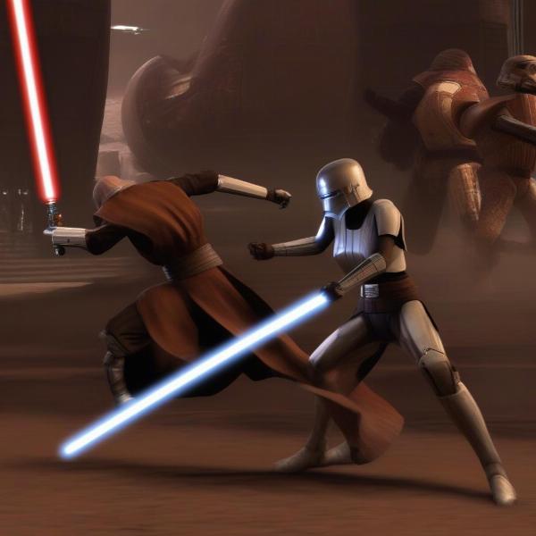A screenshot of Star Wars Knights of the Old Republic on Xbox, showing a player character in combat with an enemy droid