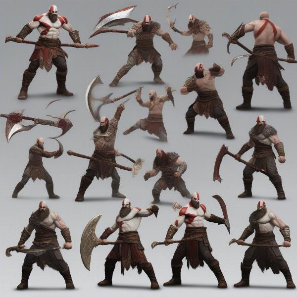 Kratos in several dynamic combat poses wielding different weapons