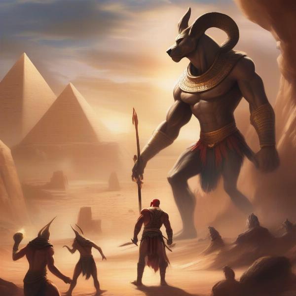 Kratos battling Egyptian gods near pyramids