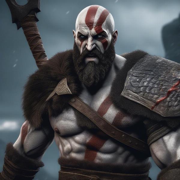 Kratos wielding the Leviathan Axe, ready for battle in the Norse realm