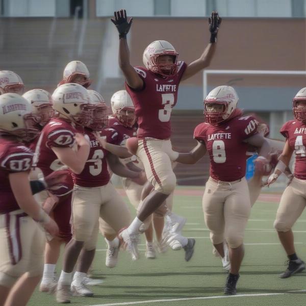 Lafayette football team celebrating a touchdown, joyful and high-fiving on the field