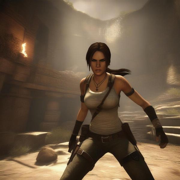 Lara Croft in dynamic combat action in an Xbox Tomb Raider game