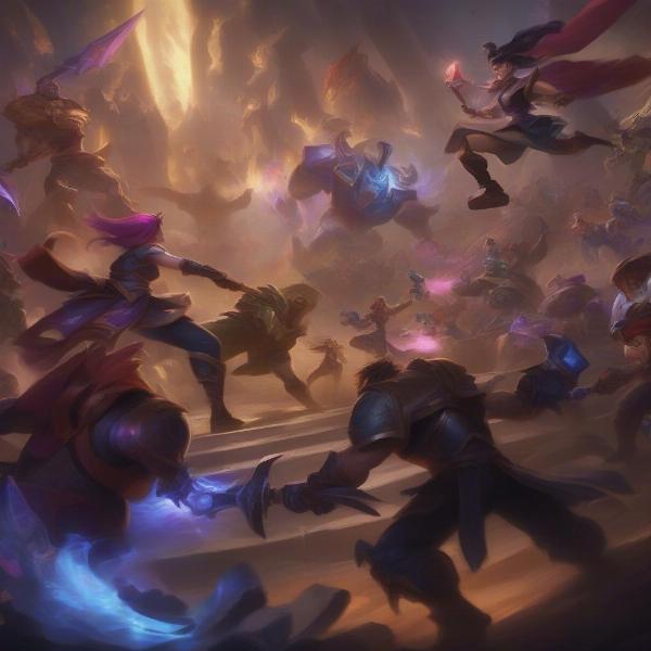 A chaotic team fight in League of Legends, showcasing multiple heroes using their abilities in the fray