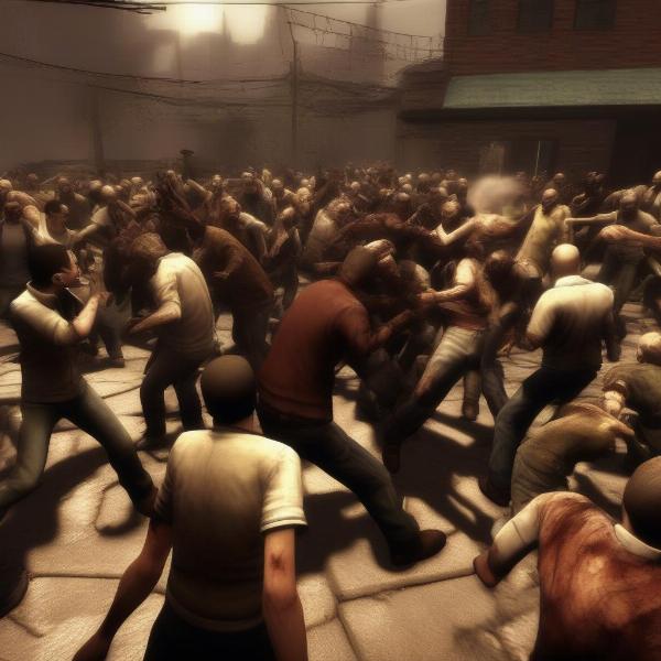 Left 4 Dead 2 Xbox 360 gameplay showing intense action with hordes of zombies, highlighting the core mechanics of the game